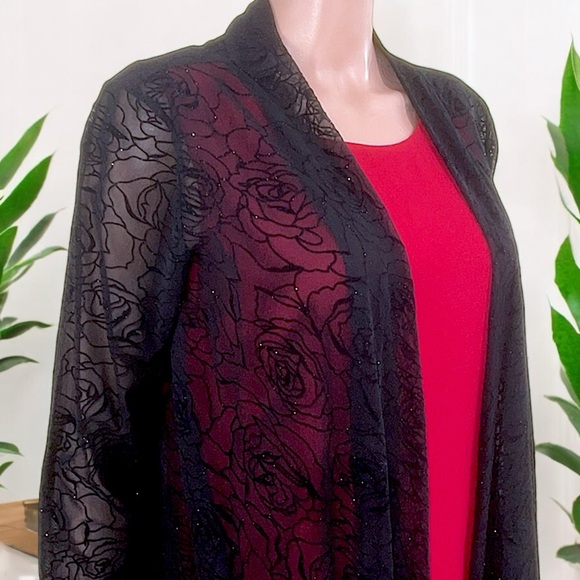 Bianca Nygard Black Sheer Open Front Sparkly Rosette Emboss Mesh Cardigan - Picture 13 of 17